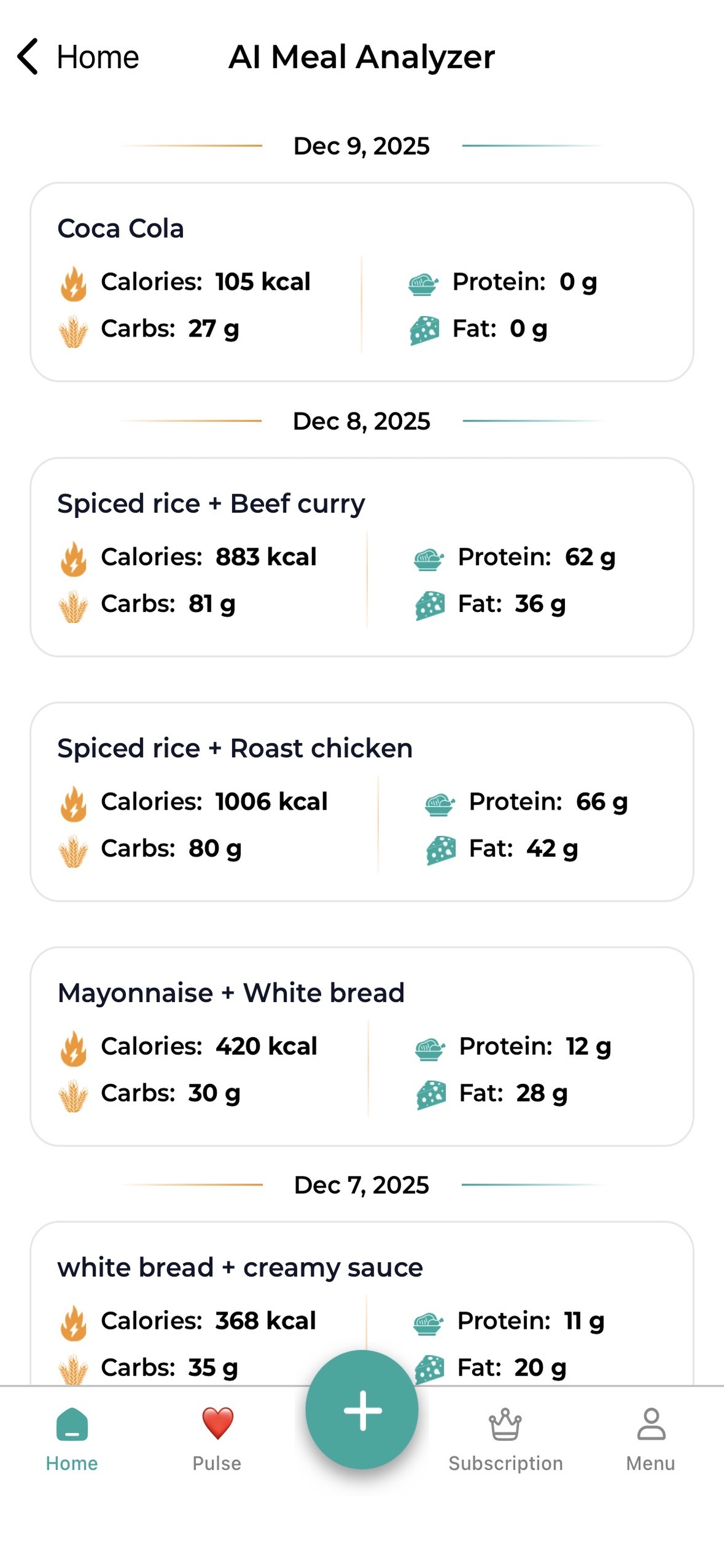 Meal Analyzer History in the DiabetesConnect app