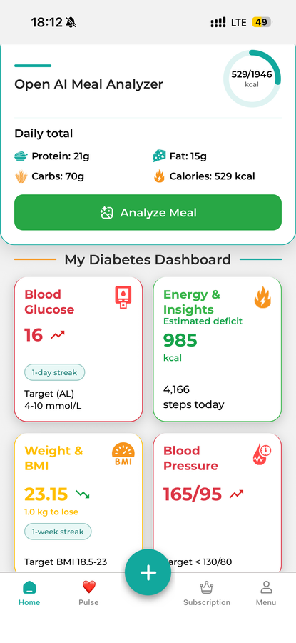 Home Screen 1 in the DiabetesConnect app